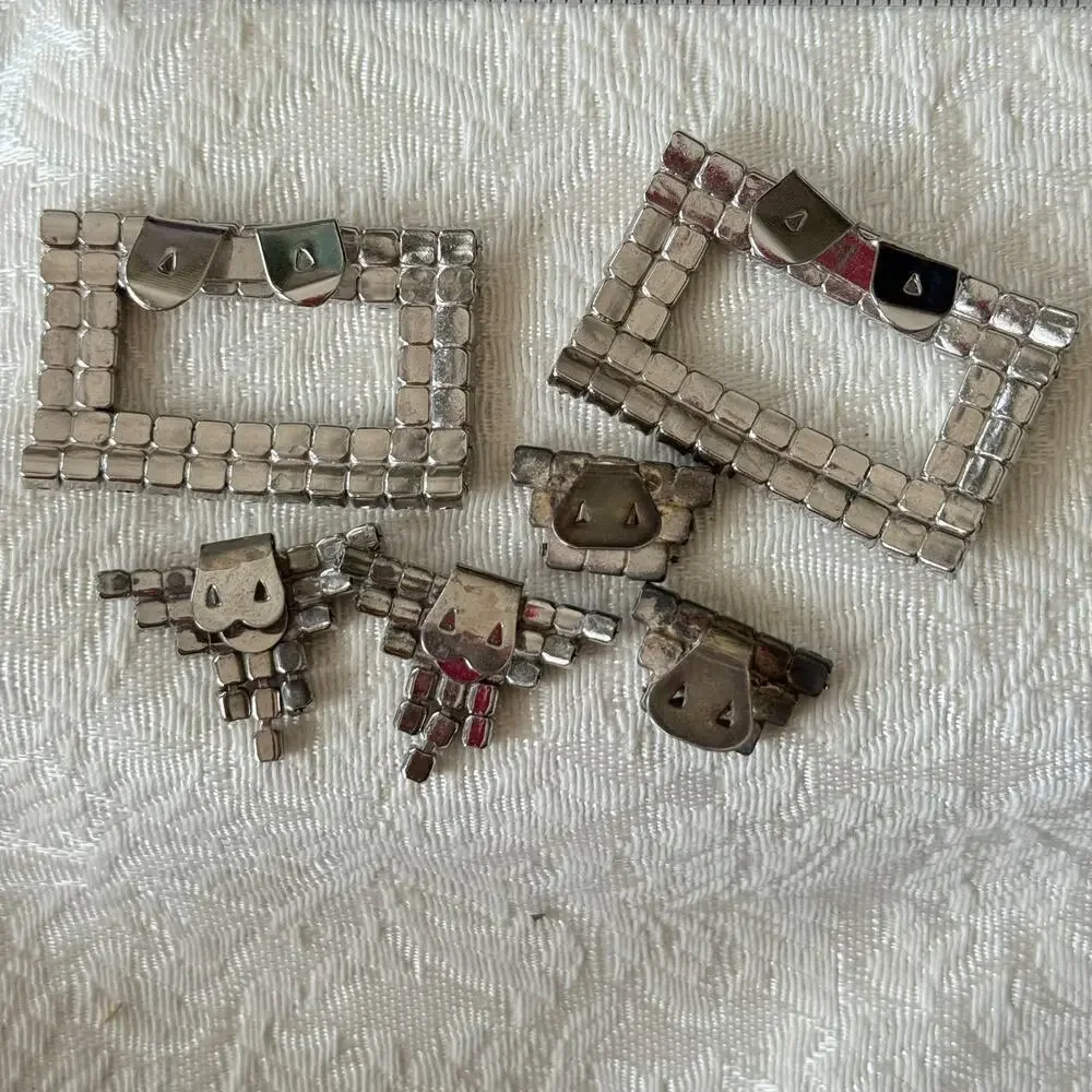Lot of 6 Rhinestone Shoe Clips Vintage Silver Rectangular, Dangling 3 Pairs ￼